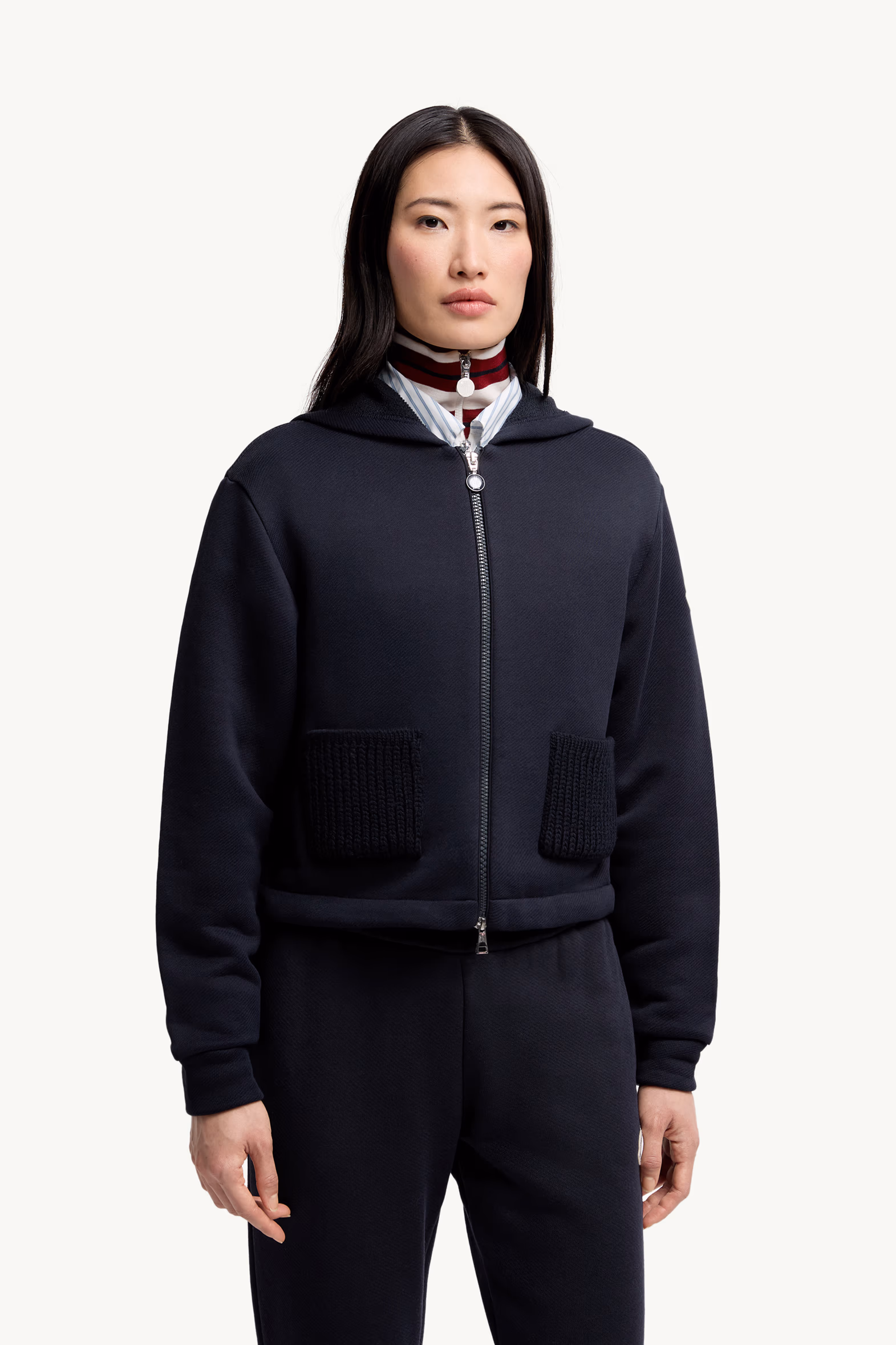 Knit Accent Cotton Zip-Up Hoodie Women Navy Blue Moncler 3